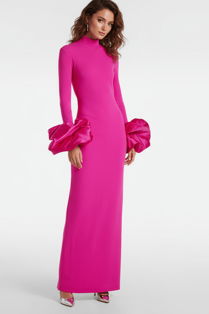 Isolde High Neck Floral Cuff Maxi Gown by Shine | a - line gown from Luxe Lane | SKU:  | Barcode:  | Options: pink S | Isolde High Neck Floral Cuff Maxi Gown