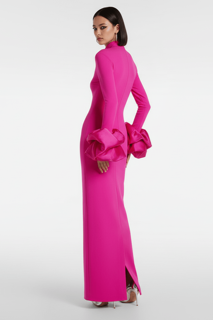 Isolde High Neck Floral Cuff Maxi Gown by Shine | a - line gown from Luxe Lane | SKU:  | Barcode:  | Options: pink S | Isolde High Neck Floral Cuff Maxi Gown