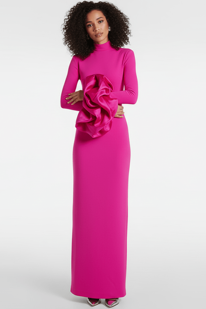 Isolde High Neck Floral Cuff Maxi Gown by Shine | a - line gown from Luxe Lane | SKU:  | Barcode:  | Options: pink S | Isolde High Neck Floral Cuff Maxi Gown