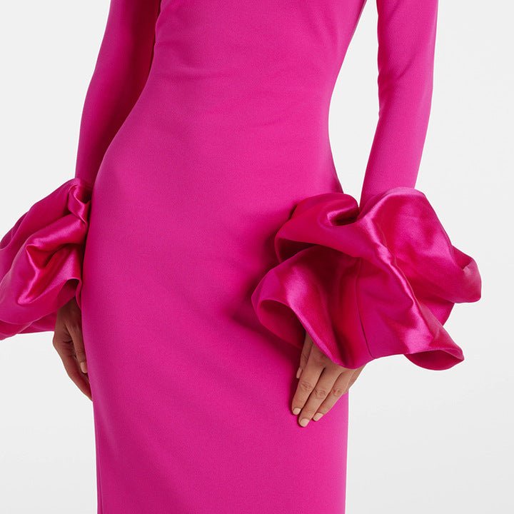 Isolde High Neck Floral Cuff Maxi Gown by Shine | a - line gown from Luxe Lane | SKU:  | Barcode:  | Options: pink S | Private Label Clothing Manufacturers Fuchsia High Neck Long Sleeve Floral Cuff Maxi Evening Dress Elegant Long Gala Dresses