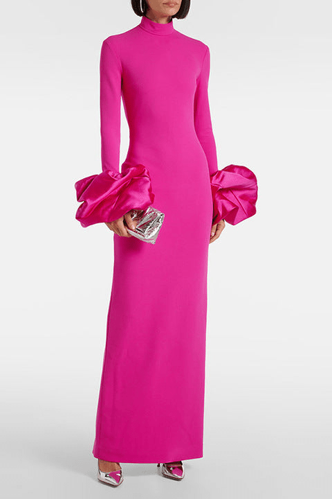 Isolde High Neck Floral Cuff Maxi Gown by Shine | a - line gown from Luxe Lane | SKU:  | Barcode:  | Options: pink S | Private Label Clothing Manufacturers Fuchsia High Neck Long Sleeve Floral Cuff Maxi Evening Dress Elegant Long Gala Dresses