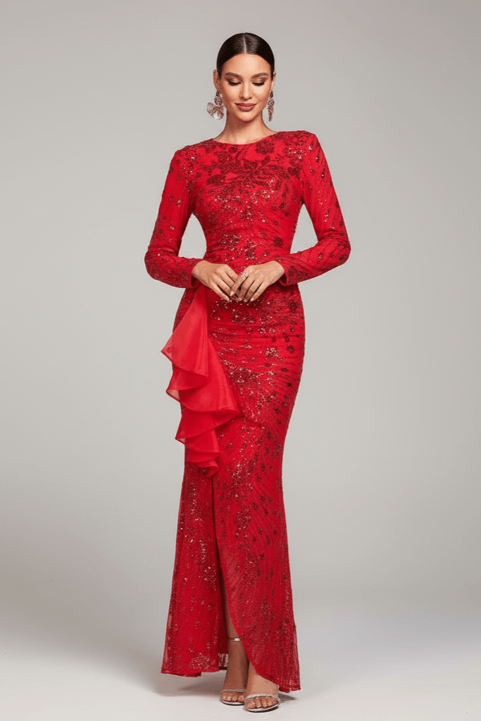 Isolde Red Sequin Maxi Gown by Shine | Evening Gown from Luxe Lane | SKU: -1 | Barcode:  | Options: Red S | Woman wearing a red evening gown with a ruffled skirt on a gray background