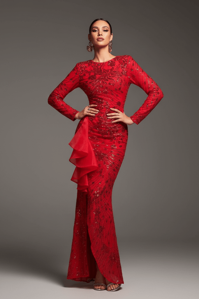 Isolde Red Sequin Maxi Gown by Shine | Evening Gown from Luxe Lane | SKU: -1 | Barcode:  | Options: Red S | Woman wearing a red evening gown with intricate detailing on a gray background