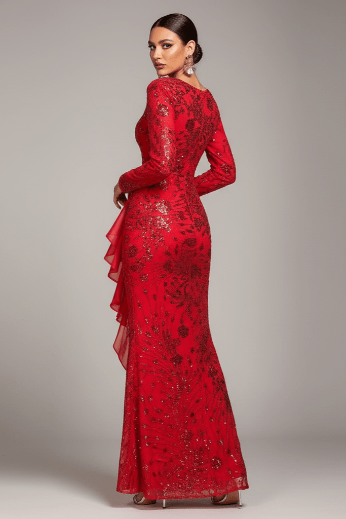 Isolde Red Sequin Maxi Gown by Shine | Evening Gown from Luxe Lane | SKU: -1 | Barcode:  | Options: Red S | Red evening gown with floral patterns on a gray background