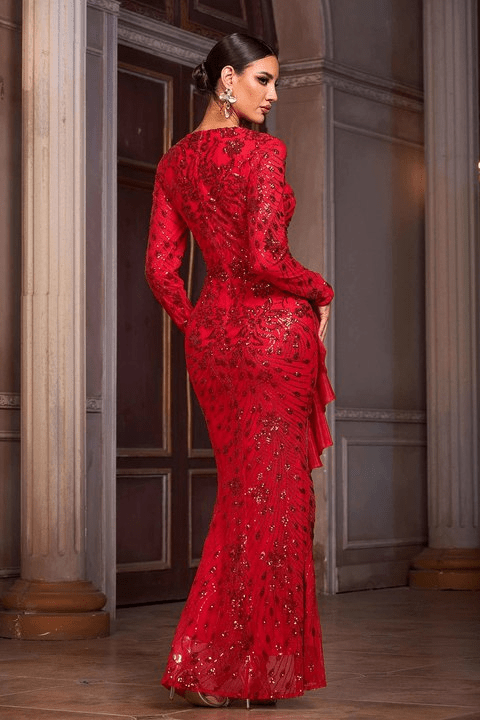 Isolde Red Sequin Maxi Gown by Shine | Evening Gown from Luxe Lane | SKU: -1 | Barcode:  | Options: Red S | Luxury Long Sleeve Sequin Maxi Dress Elegant Bodycon Formal Party Wear Red Evening Gown Women's Fashion Banquet Dinner Dresses