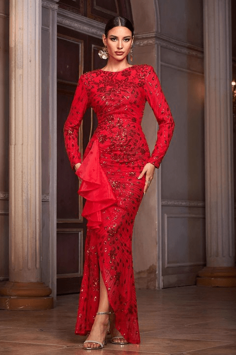 Isolde Red Sequin Maxi Gown by Shine | Evening Gown from Luxe Lane | SKU: -1 | Barcode:  | Options: Red S | Luxury Long Sleeve Sequin Maxi Dress Elegant Bodycon Formal Party Wear Red Evening Gown Women's Fashion Banquet Dinner Dresses