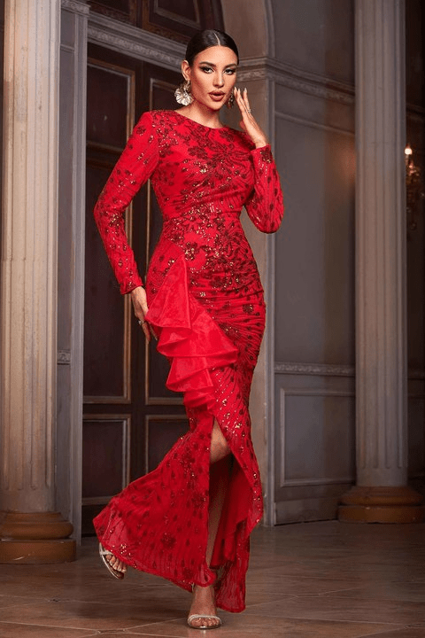 Isolde Red Sequin Maxi Gown by Shine | Evening Gown from Luxe Lane | SKU: -1 | Barcode:  | Options: Red S | Luxury Long Sleeve Sequin Maxi Dress Elegant Bodycon Formal Party Wear Red Evening Gown Women's Fashion Banquet Dinner Dresses