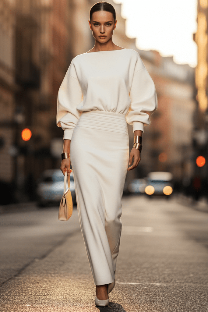 Isolde White Puff Sleeve Midi Dress by Shine | from Luxe Lane | SKU: -1 | Barcode:  | Options: White XS(4) | Woman in a white outfit walking down a city street