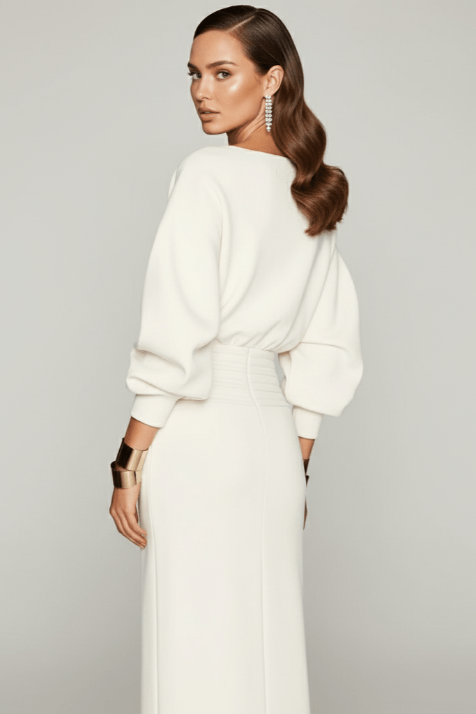 Isolde White Puff Sleeve Midi Dress by Shine | from Luxe Lane | SKU: -1 | Barcode:  | Options: White XS(4) | Isolde White Puff Sleeve Midi Dress