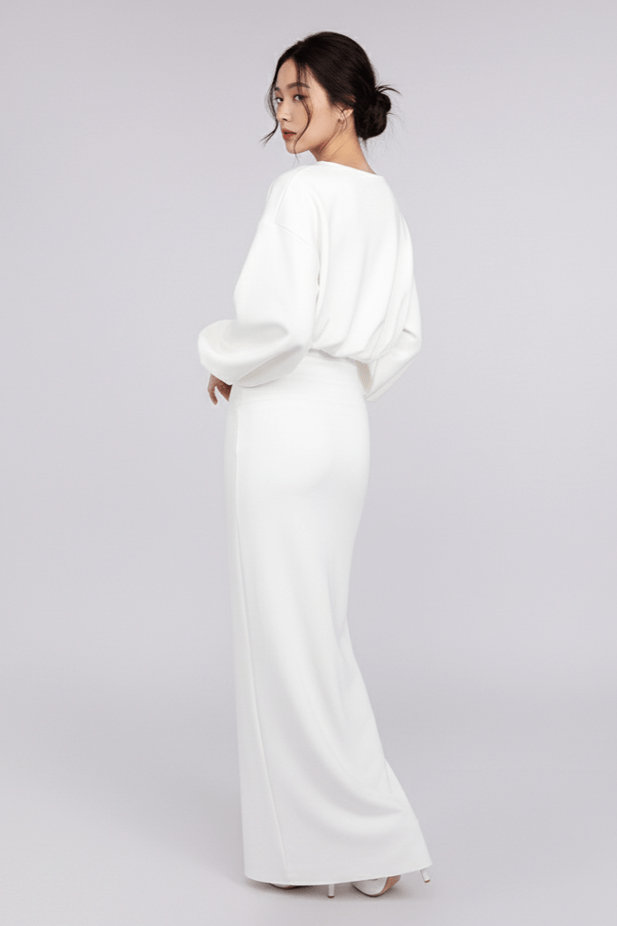 Isolde White Puff Sleeve Midi Dress by Shine | from Luxe Lane | SKU: -1 | Barcode:  | Options: White XS(4) | Isolde White Puff Sleeve Midi Dress