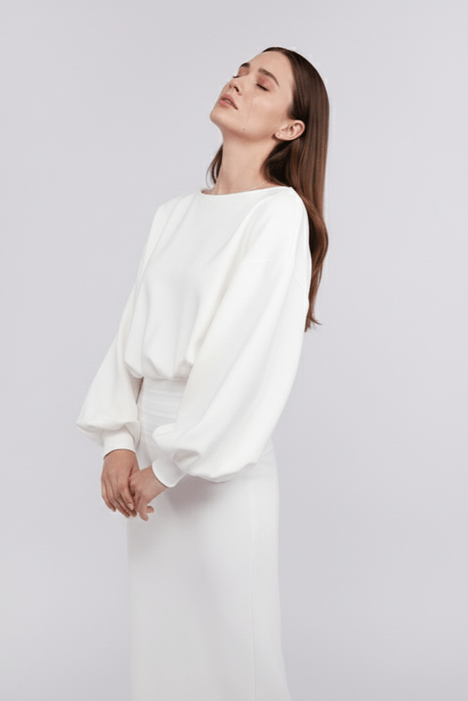 Isolde White Puff Sleeve Midi Dress by Shine | from Luxe Lane | SKU: -1 | Barcode:  | Options: White XS(4) | Isolde White Puff Sleeve Midi Dress