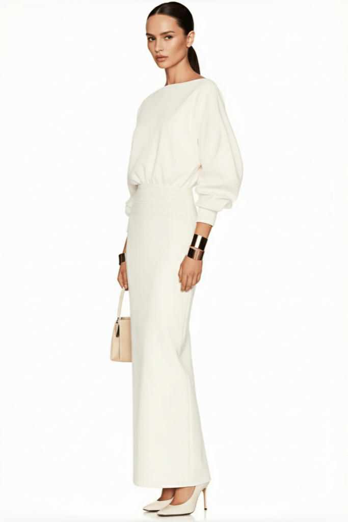 Isolde White Puff Sleeve Midi Dress by Shine | from Luxe Lane | SKU: -1 | Barcode:  | Options: White XS(4) | Isolde White Puff Sleeve Midi Dress