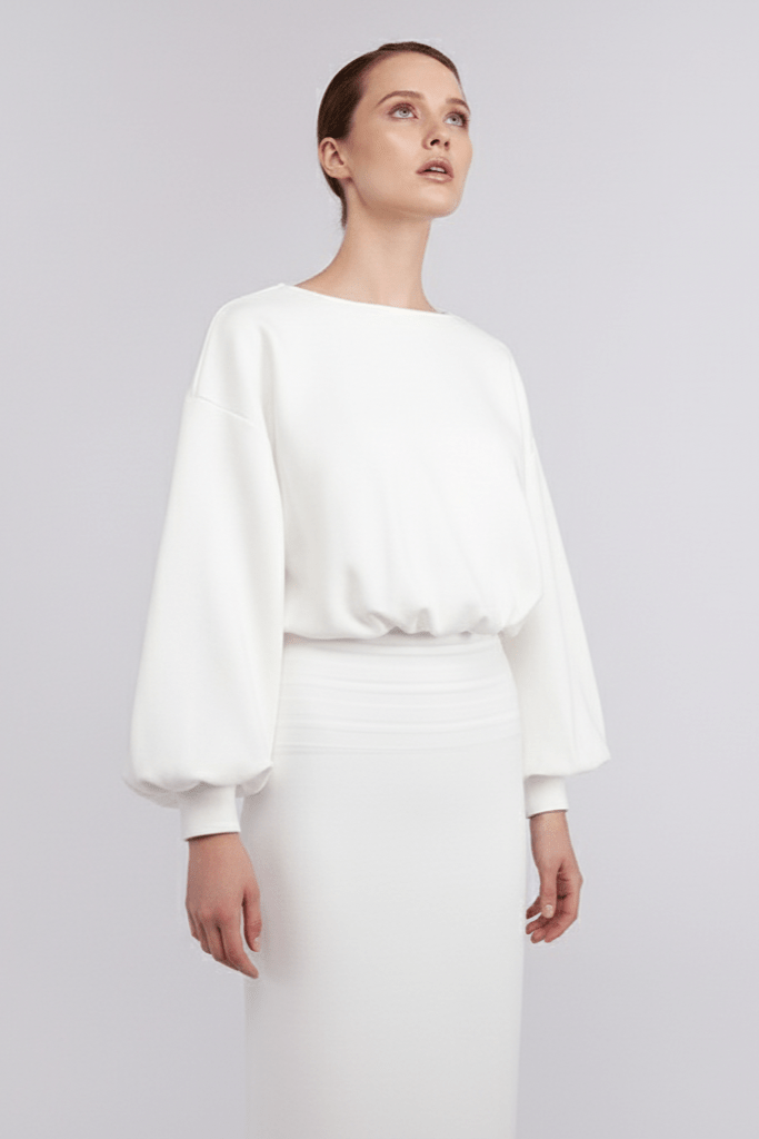 Isolde White Puff Sleeve Midi Dress by Shine | from Luxe Lane | SKU: -1 | Barcode:  | Options: White XS(4) | Isolde White Puff Sleeve Midi Dress