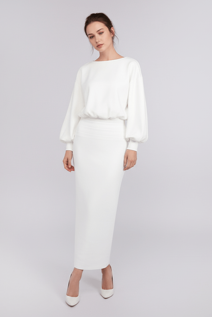 Isolde White Puff Sleeve Midi Dress by Shine | from Luxe Lane | SKU: -1 | Barcode:  | Options: White XS(4) | Isolde White Puff Sleeve Midi Dress