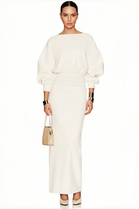 Isolde White Puff Sleeve Midi Dress by Shine | from Luxe Lane | SKU: -1 | Barcode:  | Options: White XS(4) | Wholesale Women Boutique Clothing Factory White Boat Neck Puff Sleeve Ruched Waist Midi Dress Elegant Women's Formal Dresses