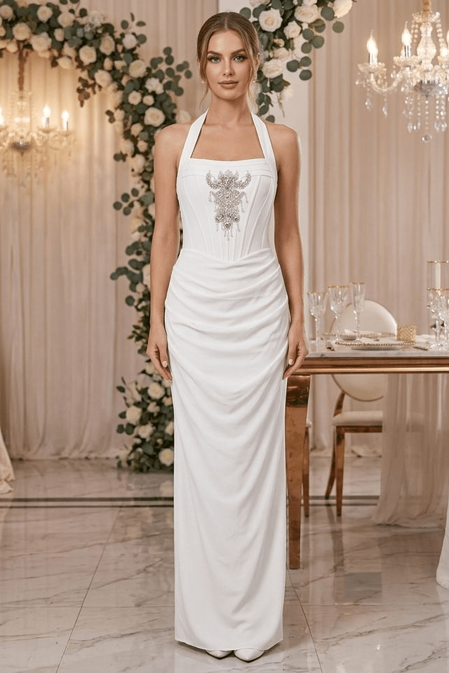 Ivory Crystal Corset Maxi GownEvening DressesWhiteS(2)Luxe Lane