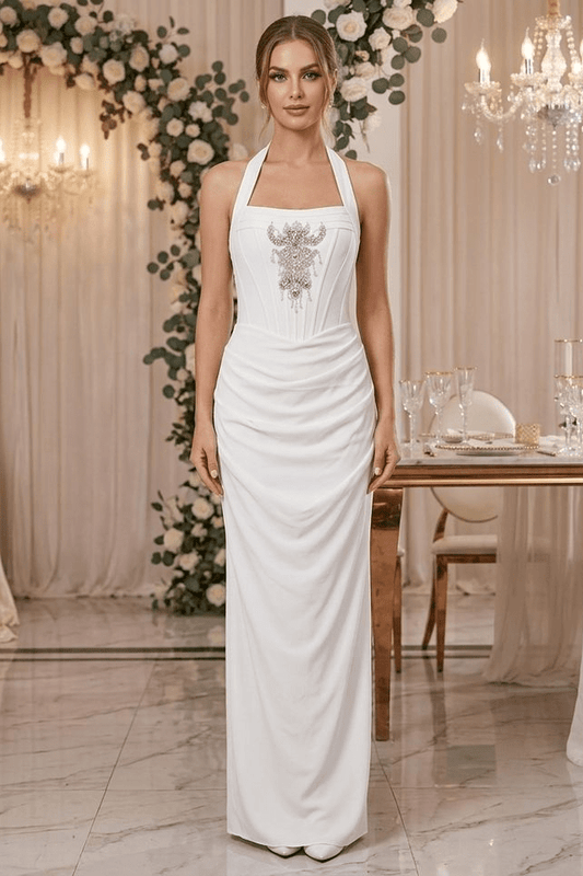 Ivory Crystal Corset Maxi GownEvening DressesWhiteS(2)Luxe Lane