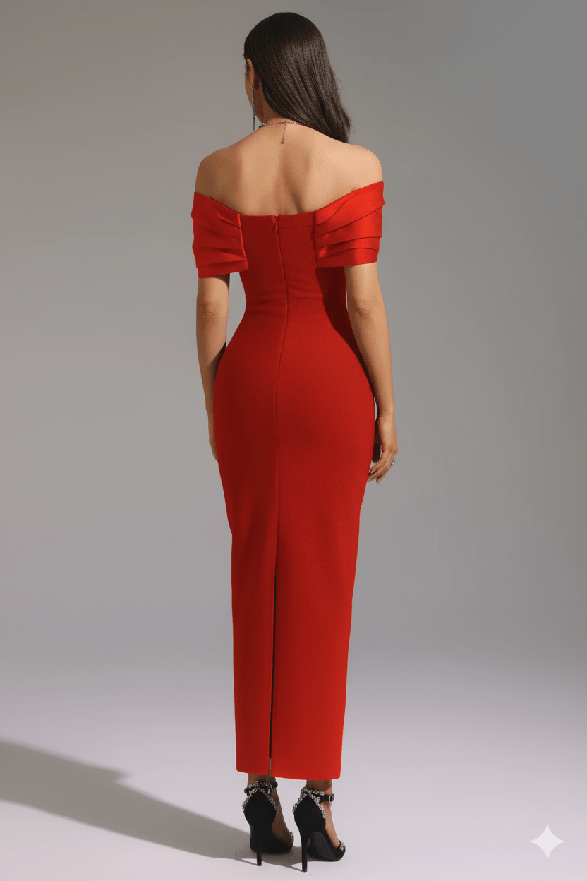 Ivory Grace Strapless Mermaid Gown by Luxe Lane | mermaid gown from Luxe Lane | SKU:  | Barcode:  | Options: Blue S | Woman wearing a red off - shoulder dress on a gray background