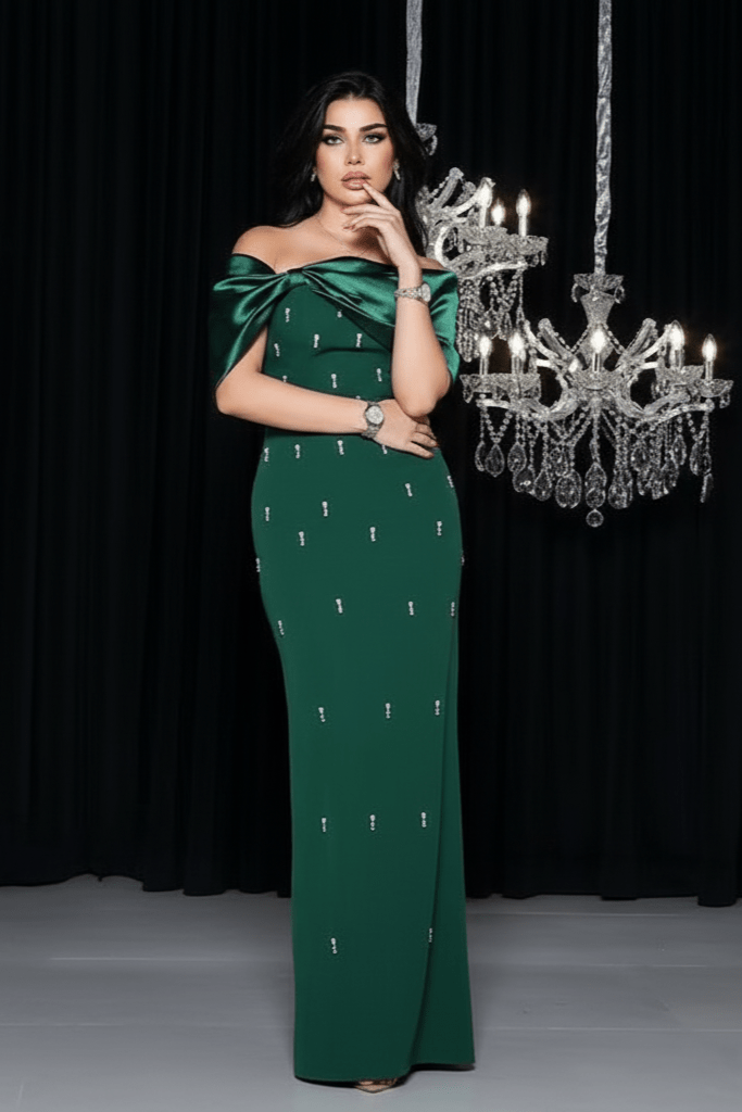 Ivory Grace Strapless Mermaid Gown by Luxe Lane | mermaid gown from Luxe Lane | SKU:  | Barcode:  | Options: Green S | Woman in a green evening gown standing in front of a chandelier and mirror.