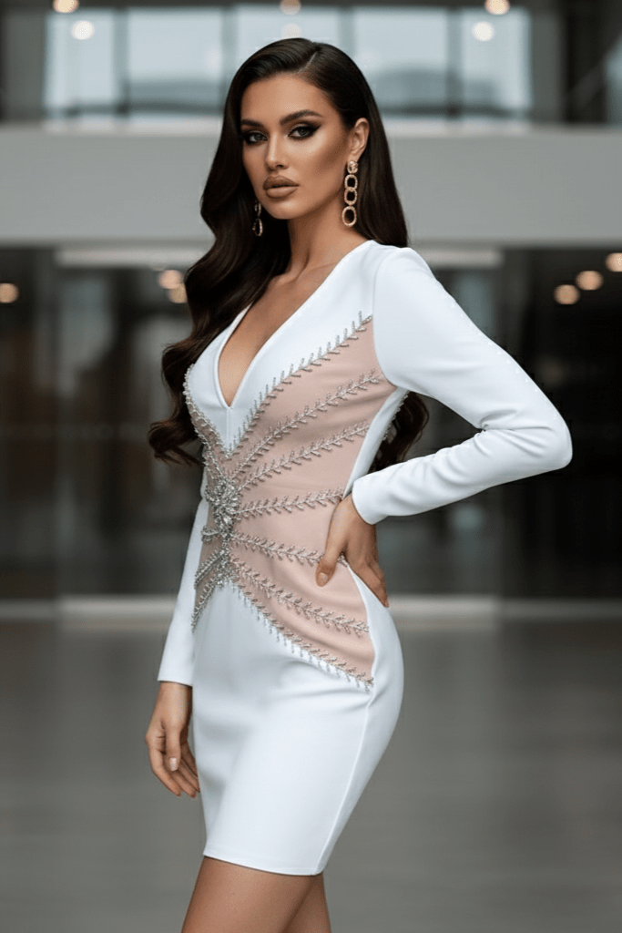 Ivory Halo Beaded Mini Club Dress by Luxe Lane | from Luxe Lane | SKU:  | Barcode:  | Options: Black S | Woman wearing a white dress with intricate design in an indoor setting