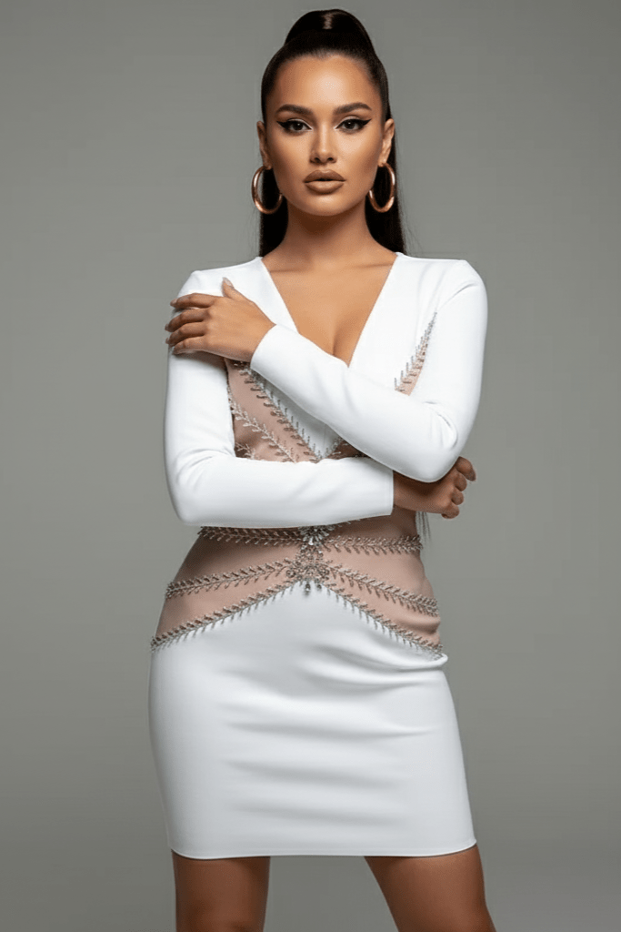 Ivory Halo Beaded Mini Club Dress by Luxe Lane | from Luxe Lane | SKU:  | Barcode:  | Options: Black S | Woman wearing a white dress with intricate detailing on a gray background