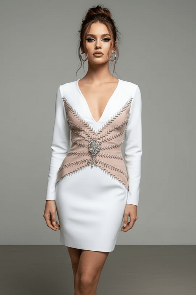 Ivory Halo Beaded Mini Club Dress by Luxe Lane | from Luxe Lane | SKU:  | Barcode:  | Options: Black S | Woman wearing a white dress with intricate beaded design on a gray background