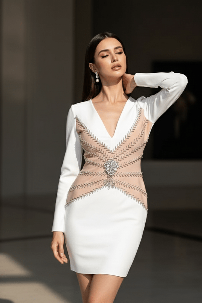 Ivory Halo Beaded Mini Club Dress by Luxe Lane | from Luxe Lane | SKU:  | Barcode:  | Options: White S | Woman wearing a white dress with intricate beige detailing in a blurred indoor setting