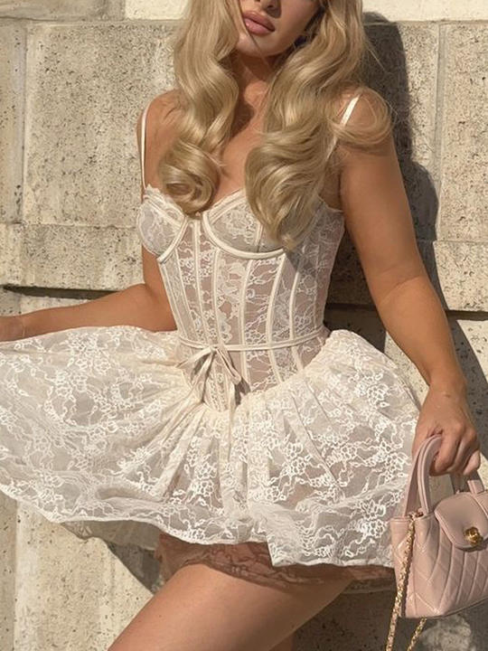Ivory Mini Lace Dress by Luxe Lane | from Luxe Lane | SKU:  | Barcode:  | Options: XS | Wholesale Womens Clothing Short Party Dress Lace Club Dresses Women Elegant Ivory Mini Lace Corset Dress