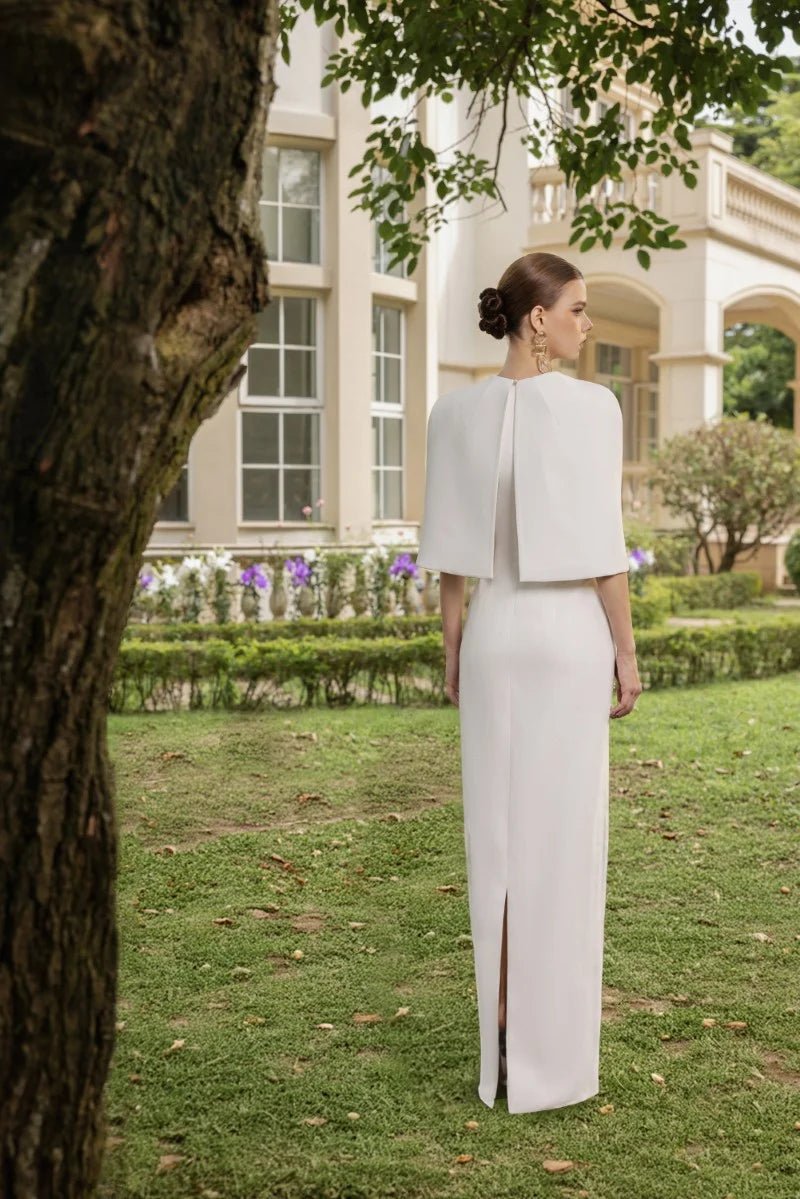 Ivory Pearl Cape Maxi GownEvening DressesWhiteS(2)Luxe Lane