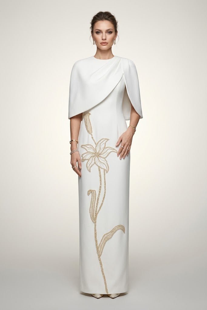 Ivory Pearl Cape Maxi GownEvening DressesWhiteS(2)Luxe Lane