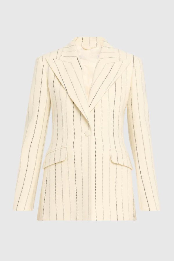 Ivory Pinstripe Tailored Blazer & Flared Pants Suit by Shine | Blazer from Luxe Lane | SKU:  | Barcode:  | Options: S(2) | Ivory Pinstripe Tailored Blazer & Flared Pants Suit
