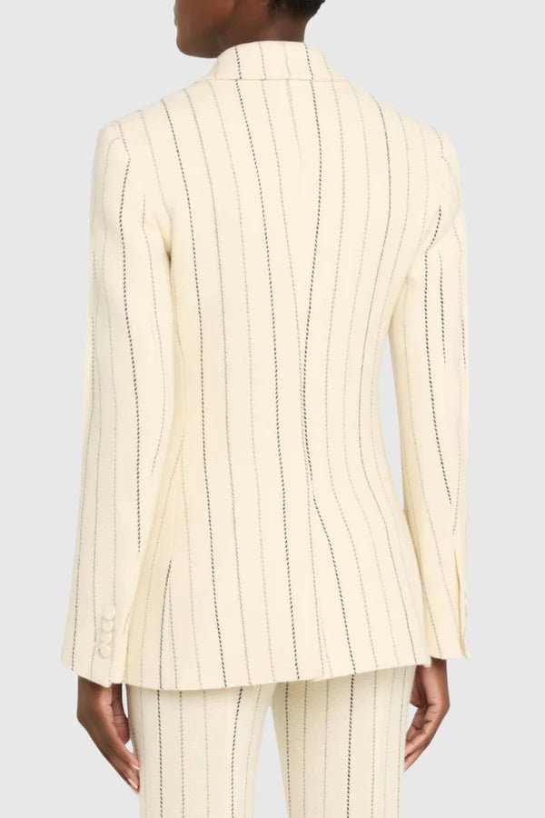 Ivory Pinstripe Tailored Blazer & Flared Pants Suit by Shine | Blazer from Luxe Lane | SKU:  | Barcode:  | Options: S(2) | Ivory Pinstripe Tailored Blazer & Flared Pants Suit