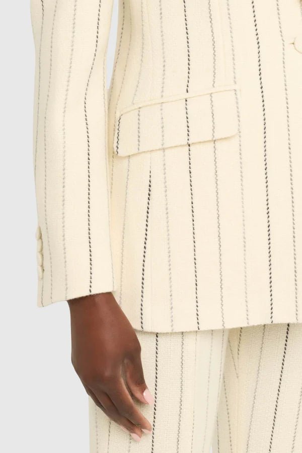 Ivory Pinstripe Tailored Blazer & Flared Pants Suit by Shine | Blazer from Luxe Lane | SKU:  | Barcode:  | Options: S(2) | Ivory Pinstripe Tailored Blazer & Flared Pants Suit