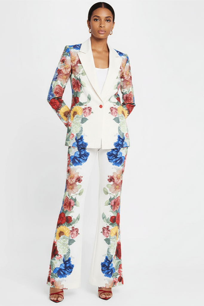 Juliette Bloom Floral Blazer & Wide - Leg Trouser Set by Shine | Pants Suits from Luxe Lane | SKU:  | Barcode:  | Options: White S | Woman wearing a floral suit on a white background