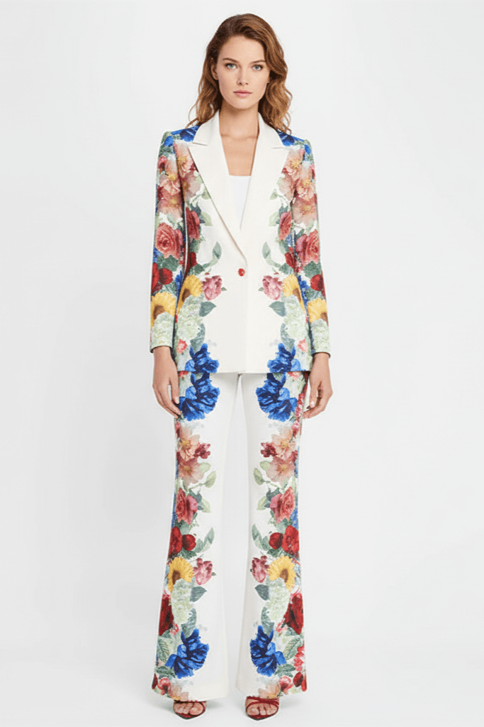 Juliette Bloom Floral Blazer & Wide - Leg Trouser Set by Shine | Pants Suits from Luxe Lane | SKU:  | Barcode:  | Options: White S | Woman wearing a floral suit on a white background