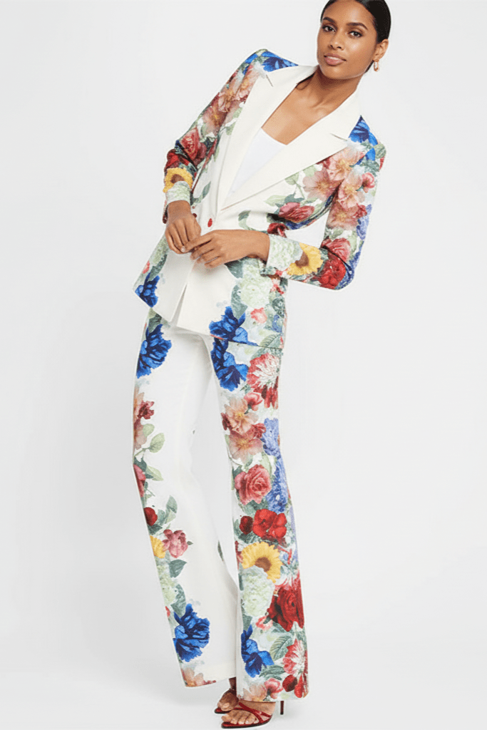 Juliette Bloom Floral Blazer & Wide - Leg Trouser Set by Shine | Pants Suits from Luxe Lane | SKU:  | Barcode:  | Options: White S | Woman wearing a floral suit on a white background