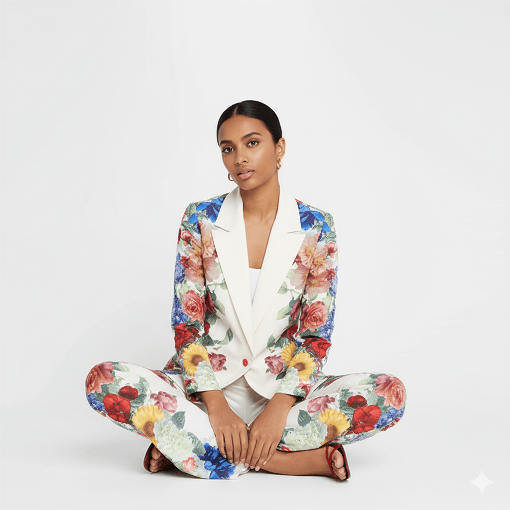 Juliette Bloom Floral Blazer & Wide - Leg Trouser Set by Shine | Pants Suits from Luxe Lane | SKU:  | Barcode:  | Options: White S | Woman wearing a colorful floral suit on a white background