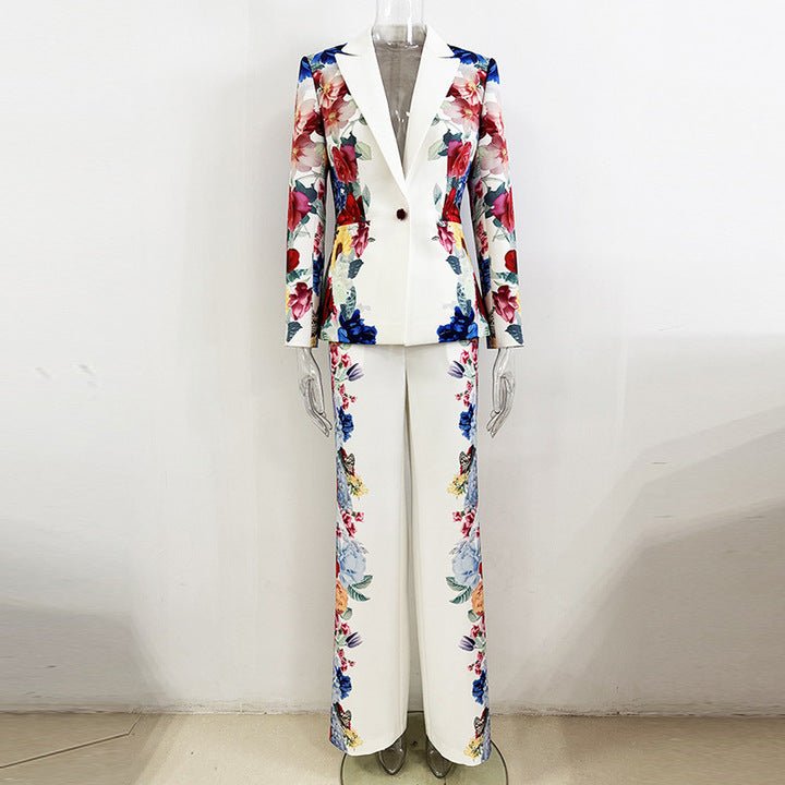 Juliette Bloom Floral Blazer & Wide - Leg Trouser Set by Shine | Pants Suits from Luxe Lane | SKU:  | Barcode:  | Options: White S | Premium Long Sleeve Blazer and Wide Leg Pants Women Suit Set Ladies Elegant Floral Printed Blazer Set for Formal Occasions