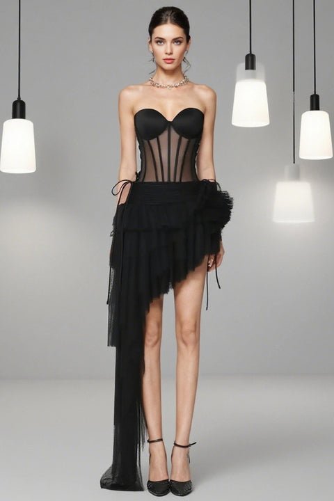 Kaelis Mesh Corset & Tulle Skirt Set by Shine | 2 piece shorts set from Luxe Lane | SKU: -1 | Barcode:  | Options: Black S | Elegant Women Club Party Wear Asymmetrical Mini Evening Gown Sexy Black Mesh Corset Top and Asymmetric Tulle Skirt Two Piece Set