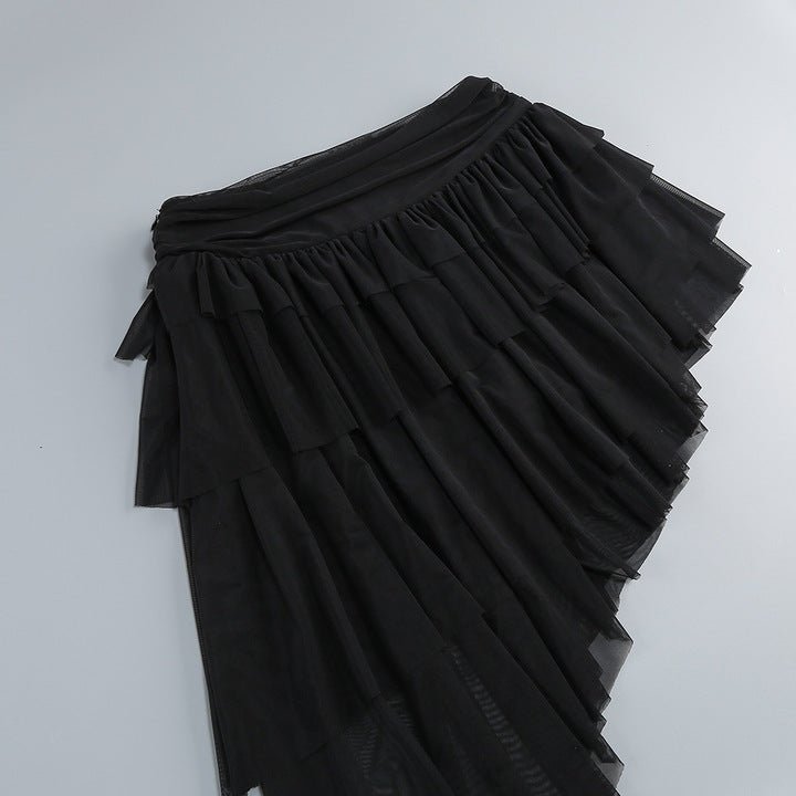 Kaelis Mesh Corset & Tulle Skirt Set by Shine | 2 piece shorts set from Luxe Lane | SKU: -1 | Barcode:  | Options: Black S | Elegant Women Club Party Wear Asymmetrical Mini Evening Gown Sexy Black Mesh Corset Top and Asymmetric Tulle Skirt Two Piece Set