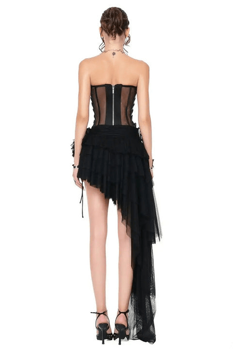 Kaelis Mesh Corset & Tulle Skirt Set by Shine | 2 piece shorts set from Luxe Lane | SKU: -1 | Barcode:  | Options: Black S | Elegant Women Club Party Wear Asymmetrical Mini Evening Gown Sexy Black Mesh Corset Top and Asymmetric Tulle Skirt Two Piece Set