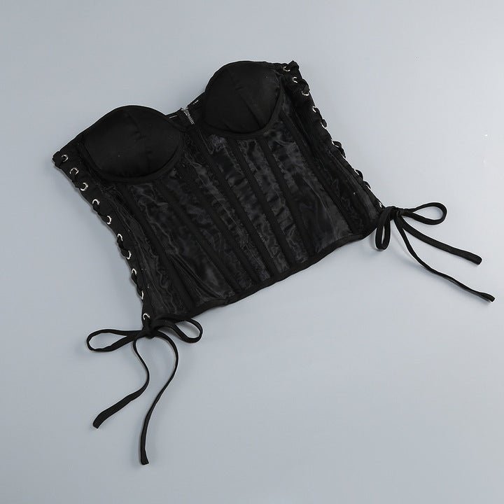 Kaelis Mesh Corset & Tulle Skirt Set by Shine | 2 piece shorts set from Luxe Lane | SKU: -1 | Barcode:  | Options: Black S | Elegant Women Club Party Wear Asymmetrical Mini Evening Gown Sexy Black Mesh Corset Top and Asymmetric Tulle Skirt Two Piece Set