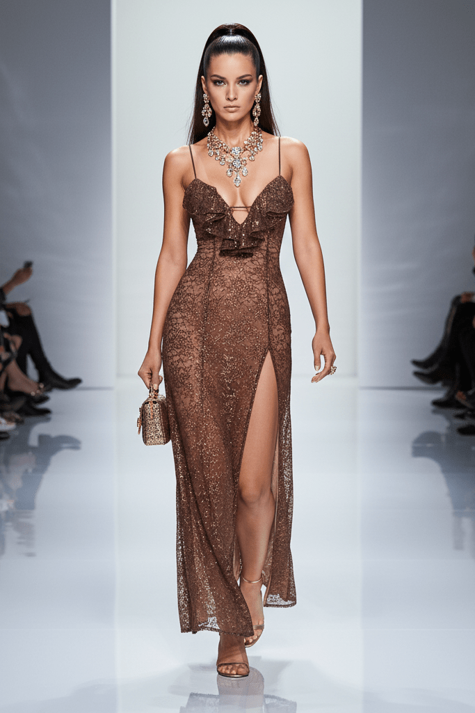 Lace Ruffled Deep V Evening Dress by Shine | heath gown from Luxe Lane | SKU: -1 | Barcode:  | Options: Brown XS(4) | Lace Ruffled Deep V Evening Dress