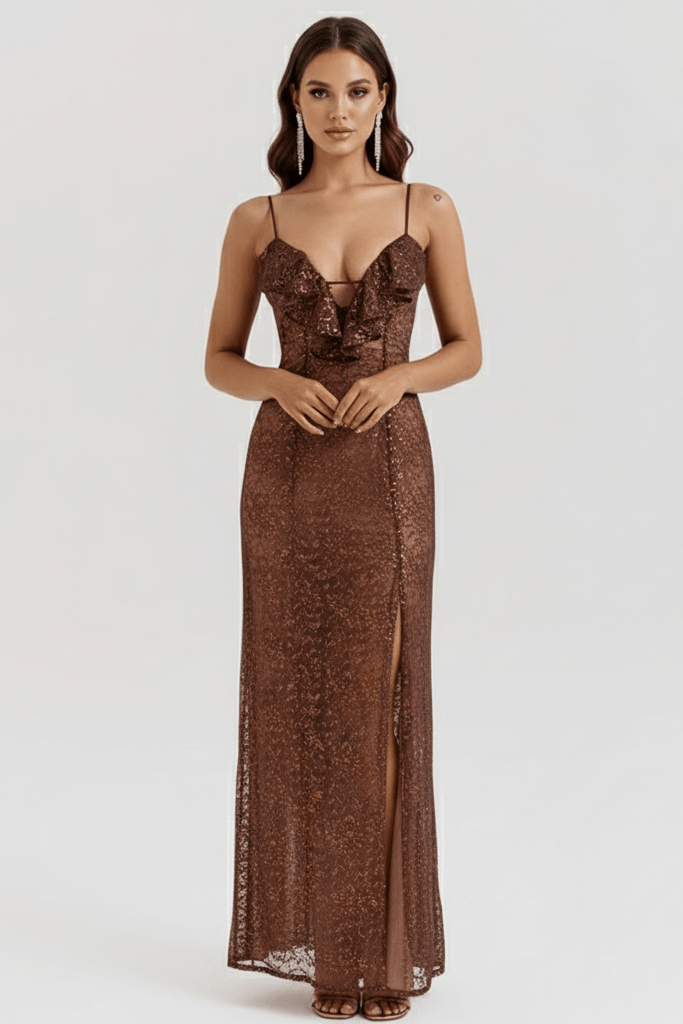 Lace Ruffled Deep V Evening Dress by Shine | heath gown from Luxe Lane | SKU: -1 | Barcode:  | Options: Brown XS(4) | Lace Ruffled Deep V Evening Dress