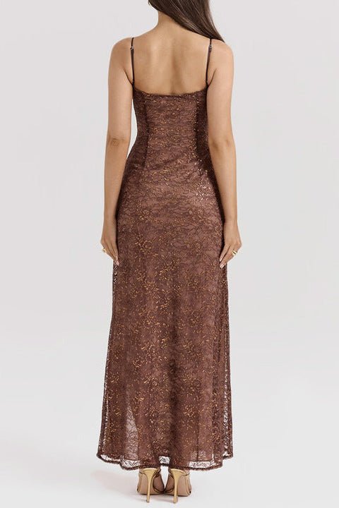 Lace Ruffled Deep V Evening Dress by Shine | heath gown from Luxe Lane | SKU: -1 | Barcode:  | Options: Brown XS(4) | Elegant High Quality Luxurious Evening Dresses Women Party Gown Lace Ruffled Deep V Neck High Slit Brown Lace Mesh Formal Dress