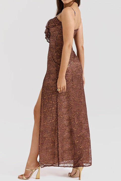 Lace Ruffled Deep V Evening Dress by Shine | heath gown from Luxe Lane | SKU: -1 | Barcode:  | Options: Brown XS(4) | Elegant High Quality Luxurious Evening Dresses Women Party Gown Lace Ruffled Deep V Neck High Slit Brown Lace Mesh Formal Dress