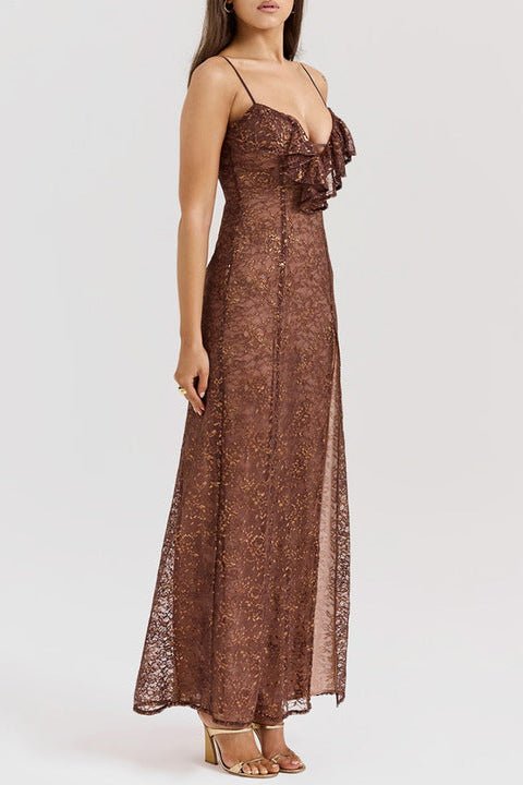 Lace Ruffled Deep V Evening Dress by Shine | heath gown from Luxe Lane | SKU: -1 | Barcode:  | Options: Brown XS(4) | Elegant High Quality Luxurious Evening Dresses Women Party Gown Lace Ruffled Deep V Neck High Slit Brown Lace Mesh Formal Dress