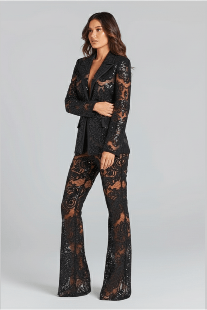 Lace Sequin Tuxedo Suit by Luxe Lane | Pant Suits from Luxe Lane | SKU:  | Barcode:  | Options: black S | Lace Sequin Tuxedo Suit