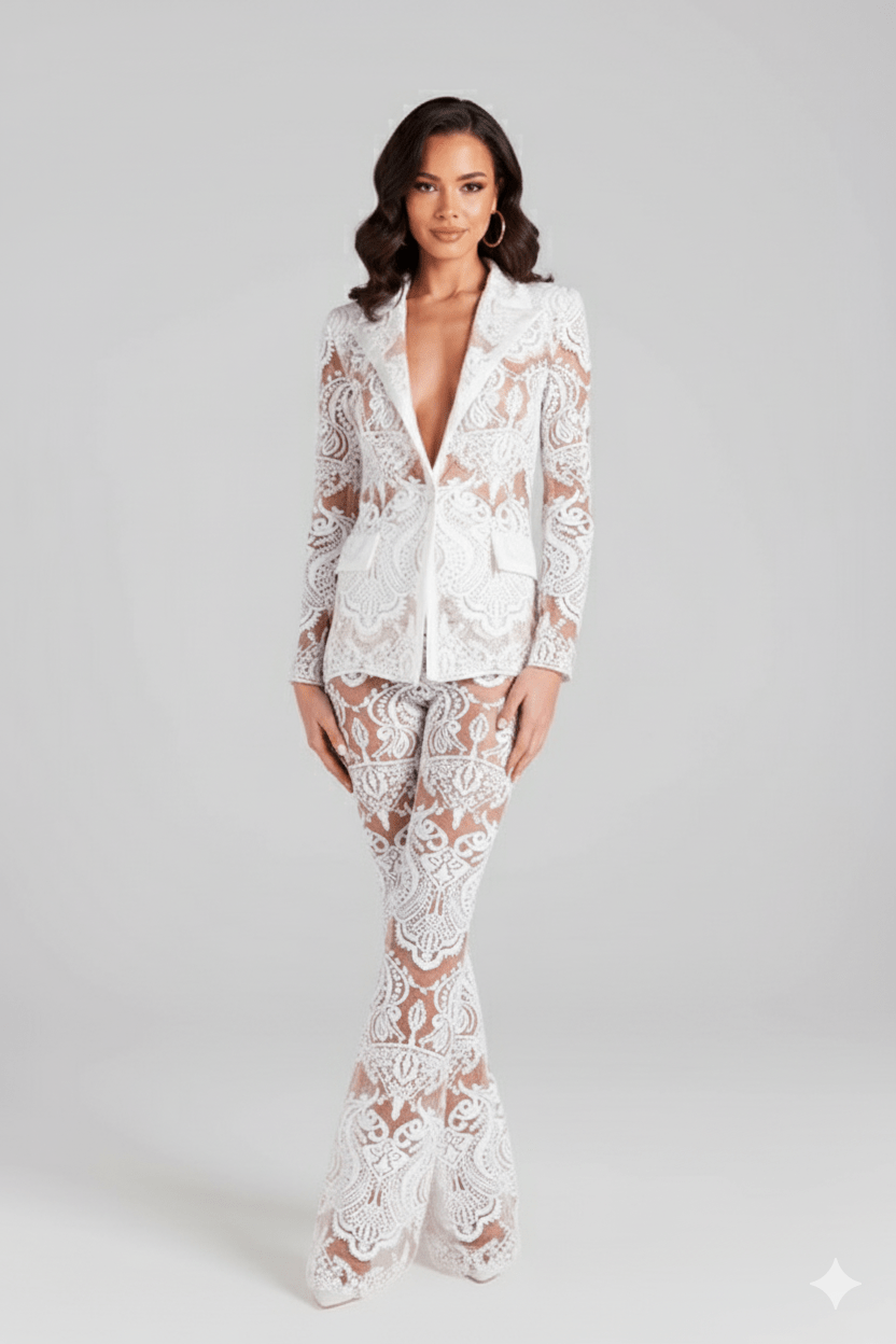 Lace Sequin Tuxedo Suit by Luxe Lane | Pant Suits from Luxe Lane | SKU:  | Barcode:  | Options: White S | Lace Sequin Tuxedo Suit