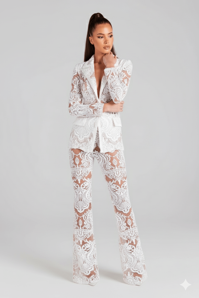 Lace Sequin Tuxedo Suit by Luxe Lane | Pant Suits from Luxe Lane | SKU:  | Barcode:  | Options: White S | Lace Sequin Tuxedo Suit